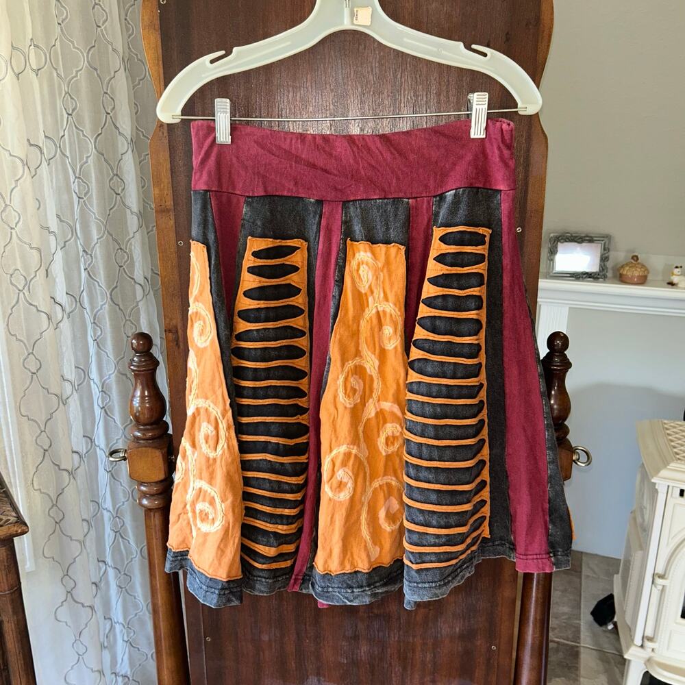 Rising International medium skirt orange and black spiral embroidery boho fairy